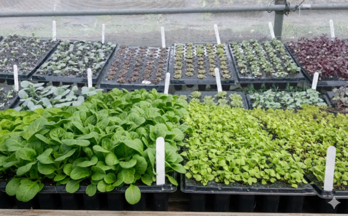 Trays of microgreens and baby greens growing in a Bloom Bio grower trial