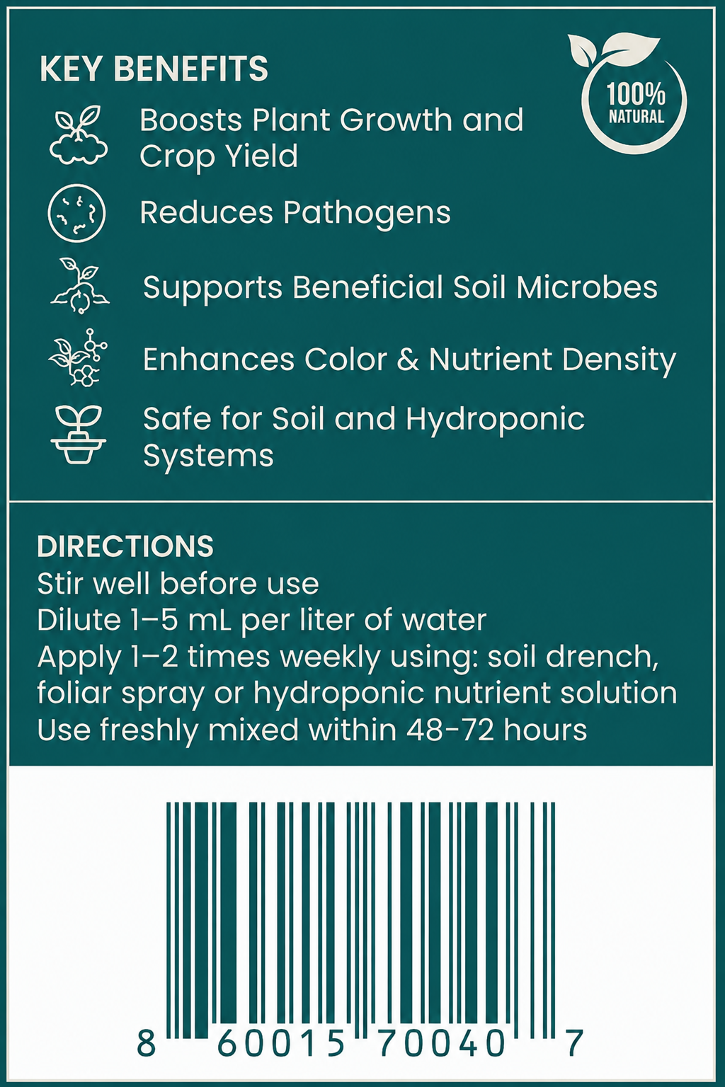 BloomGrow label panel with key benefits, directions and barcode