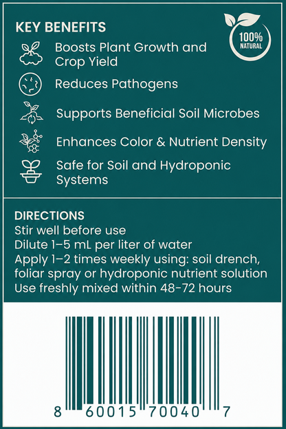 BloomGrow label panel with key benefits, directions and barcode