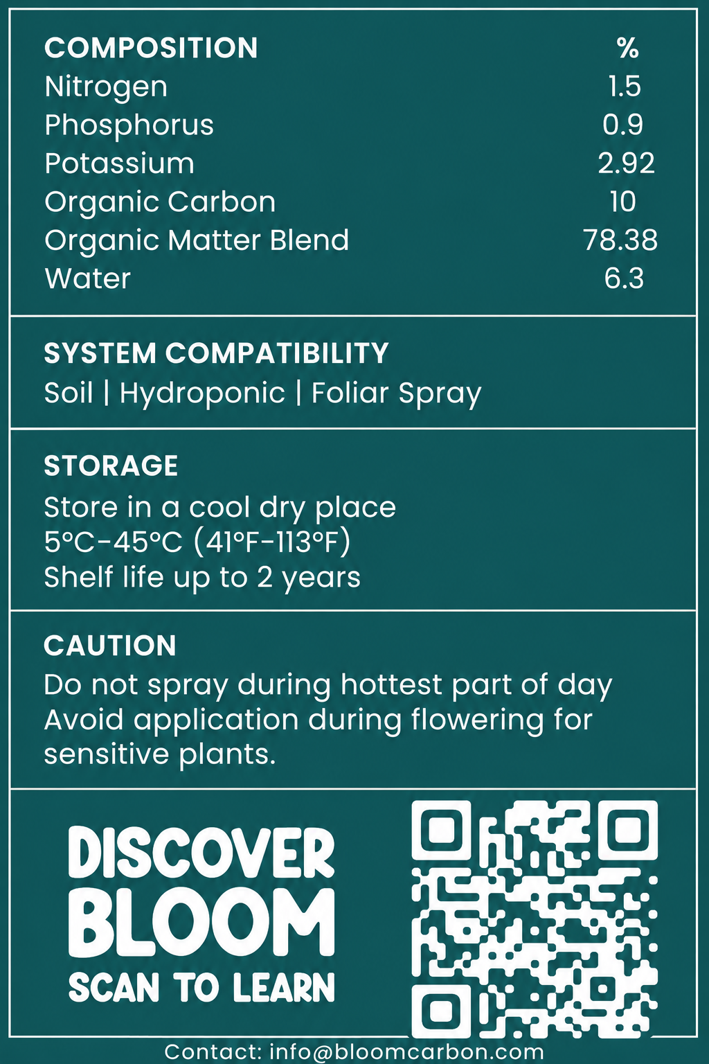 BloomGrow label panel with composition, system compatibility, storage and caution notes