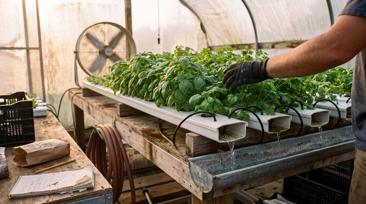 Grower tending basil in a hydroponic NFT herb channel in a greenhouse