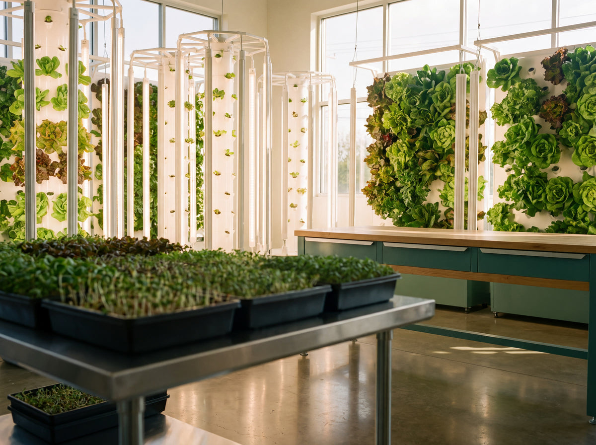 Vertical grow towers and microgreen trays in a bright indoor farm