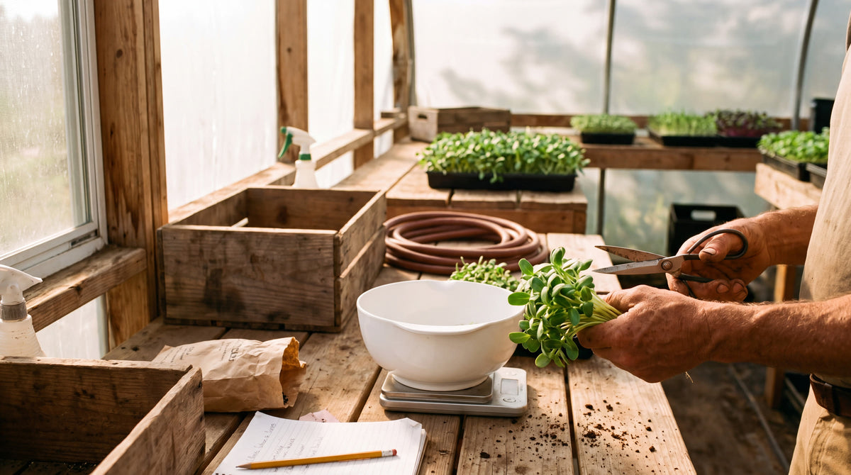 Grower placing freshly harvested greens into a bowl on a greenhouse bench