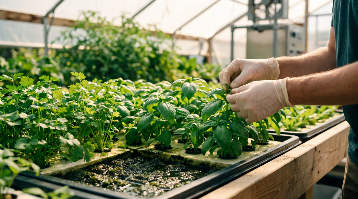 Grower tending a hydroponic bench of basil and herbs