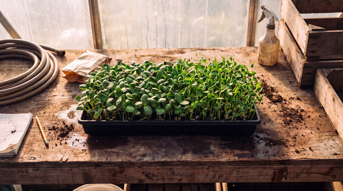 Tray of fresh microgreens on a wooden greenhouse bench