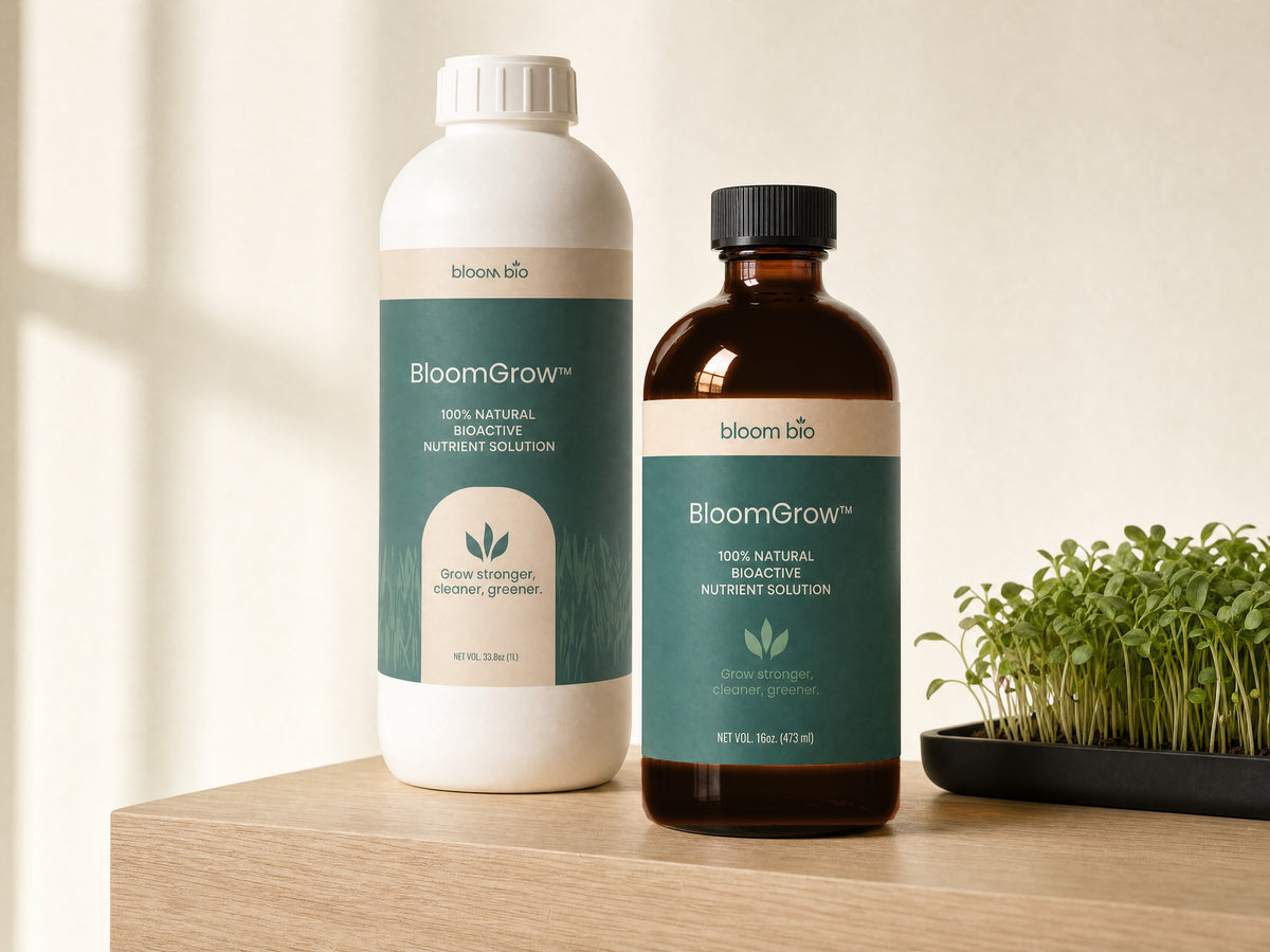 BloomGrow 1 L and 16 oz bottles with microgreens