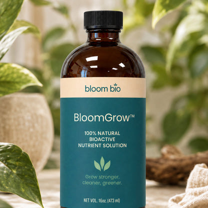 BloomGrow 16 oz (473 ml) amber bottle with leafy plants